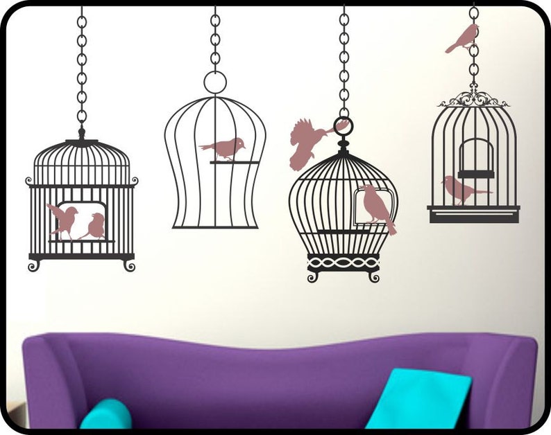 Bird Cage Wall Sticker Hanging Bird Cage Bird Wall Decal Etsy