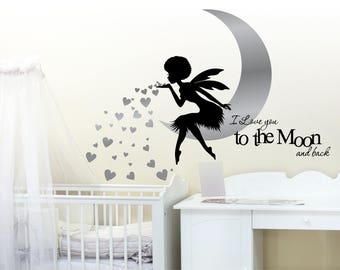 Fairy wall decal, Afro Girl wall decal, nursery decor fairies, I Love You to the Moon Nursery Wall Art Fairy, Afro Fairy Wall Art, African