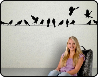 BIRDS ON A  WIRE wall decal 12 Feet Long - vinyl wall sticker home decor, 144" x 20" (plus extra 'wire')!