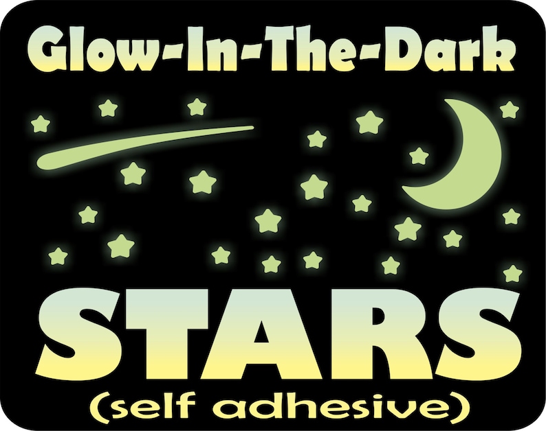 Puede incluir: Estrellas y una luna creciente que brillan en la oscuridad sobre un fondo negro. El texto "STARS (self adhesive)" est&aacute; debajo de la imagen.