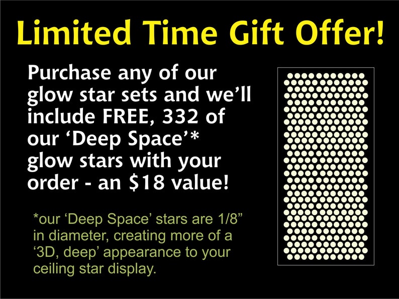 Puede incluir: &iexcl;Oferta de regalo por tiempo limitado! Compra cualquier conjunto de estrellas brillantes y obt&eacute;n 332 estrellas brillantes gratis, valoradas en $18. Las estrellas gratis tienen un di&aacute;metro de 1/8 de pulgada, creando una apariencia 3D profunda para tu pantalla de estrellas en el techo.