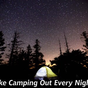 May include: A yellow and white camping tent set up in a forest under a night sky full of stars.