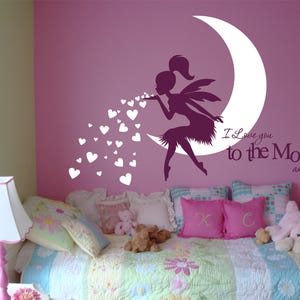 FAIRY Wall Decal, Fairy Blowing Hearts, Fairy blowing kisses, I Love You To The Moon and Back, Fairy wall sticker, Fairy Wall Decor image 2