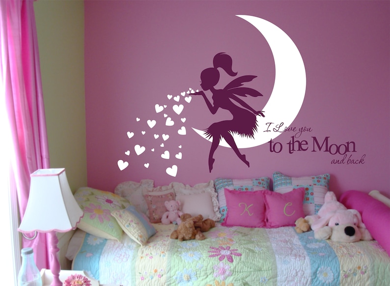 FAIRY Wall Decal, Fairy Blowing Hearts, Fairy blowing kisses, I Love You To The Moon and Back, Fairy wall sticker, Fairy Wall Decor image 2