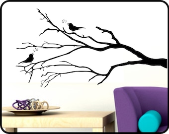 Winter Tree Branch Wall Decal with Song Birds - removable vinyl sticker decor 42" x 23"