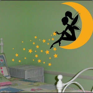 FAIRY Wall Decal, Fairy Sitting on Moon Sticker, Fairy with Pixie Dust Stars, Girls Room wall decal, Nursery wall decal, Tinkerbell decal image 2