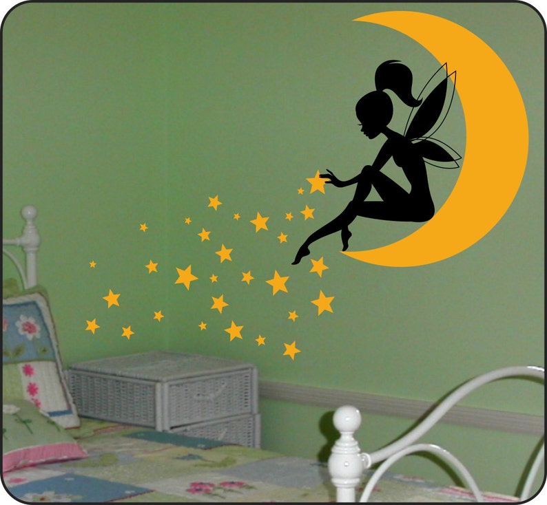 FAIRY Wall Decal, Fairy Sitting on Moon Sticker, Fairy with Pixie Dust Stars, Girls Room wall decal, Nursery wall decal, Tinkerbell decal image 2