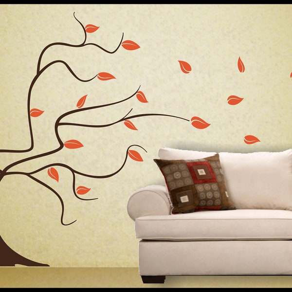 large whimsical BLOWING TREE wall decal - Removable Vinyl Wall Decal mural. Choose your colors!  70" x 63"