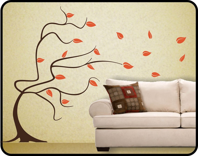 large whimsical BLOWING TREE wall decal Removable Vinyl Wall Decal mural. Choose your colors 70 x 63 image 1