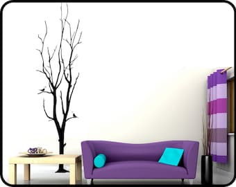 Bare Winter Tree wall decal with song birds - 7ft tall large Vinyl Wall Mural Sticker - 23&quot; wide x 84&quot; tall