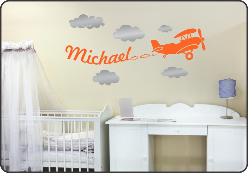 Personalized Boys Name Wall Decal, Airplane Boys Name Decal, Biplane wall Sticker, Nursery Decor Plane Wall Decal, Name Decal for Boys Room image 3