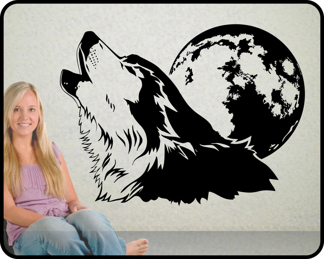 Howling Wolf Wall Decal With Full Moon Vinyl Wall Art, 30 Wide X 23