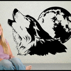 Howling Wolf Wall Decal  with Full Moon vinyl wall art, 30&quot; wide x 23&quot; tall