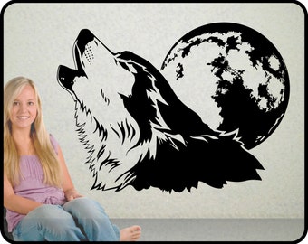 Howling Wolf Wall Decal  with Full Moon vinyl wall art, 30" wide x 23" tall