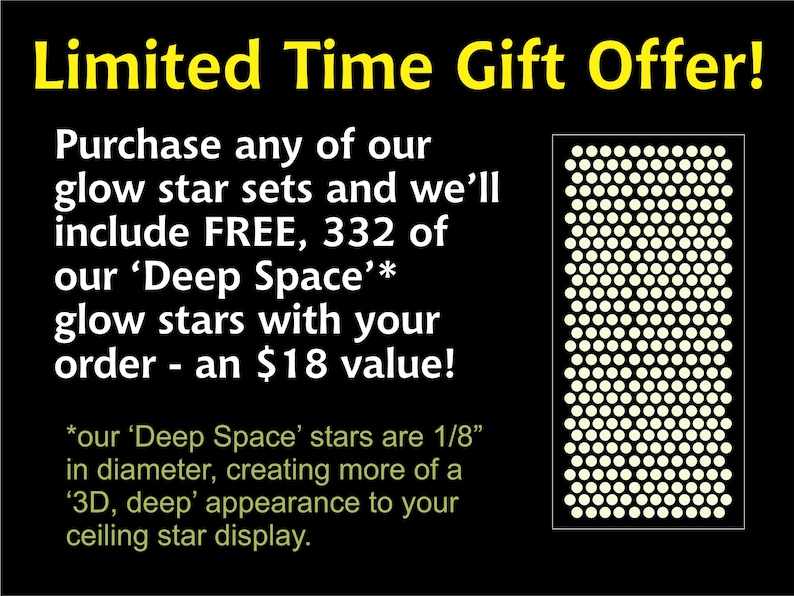 May include: Limited Time Gift Offer! Purchase any glow star set and get 332 free glow stars, valued at $18. The free stars are 1/8 inch in diameter, creating a 3D, deep appearance to your ceiling star display.