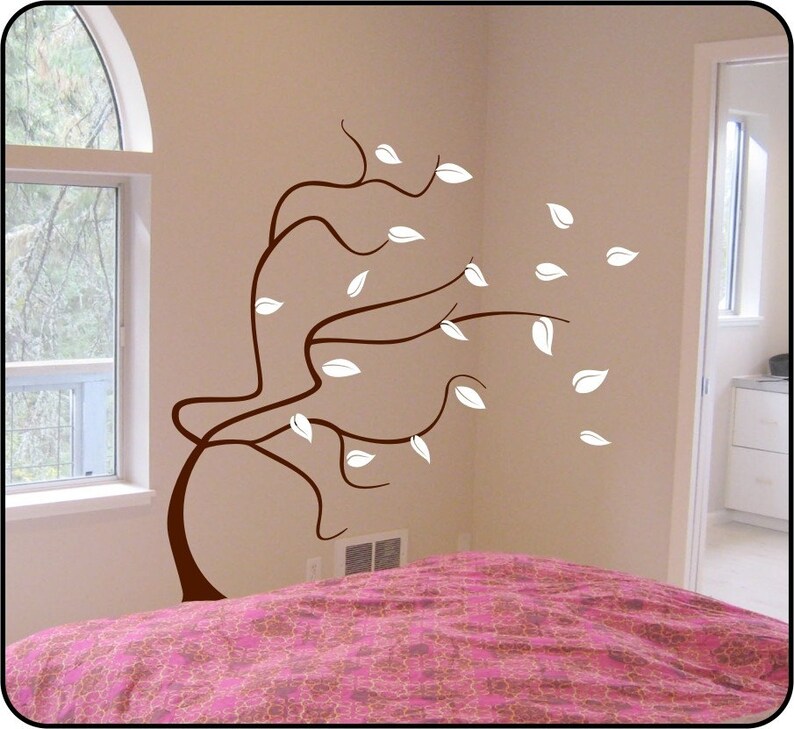 large whimsical BLOWING TREE wall decal Removable Vinyl Wall Decal mural. Choose your colors 70 x 63 image 2