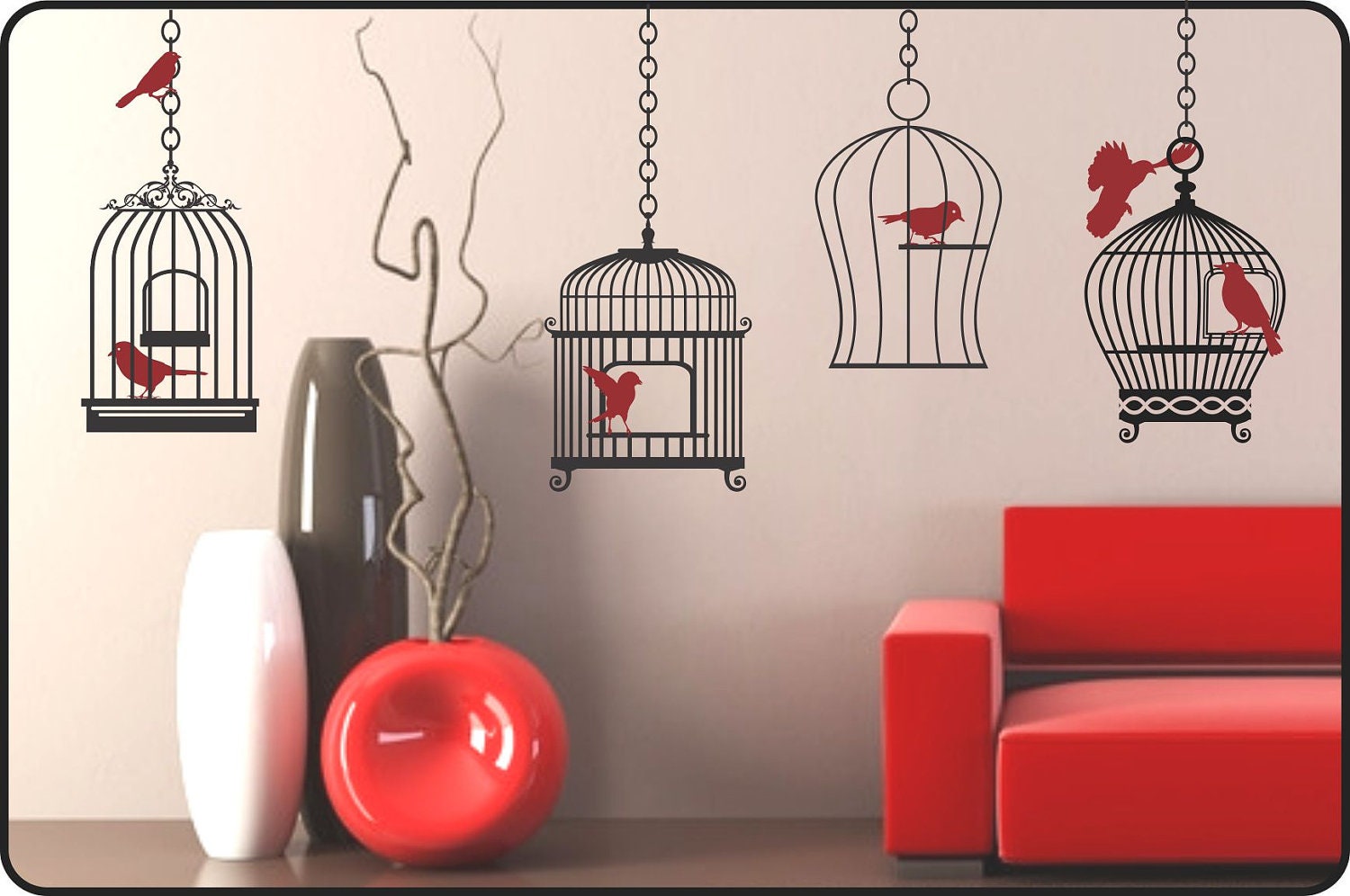 Bird Cage Wall Sticker Hanging Bird Cage Bird Wall Decal Etsy