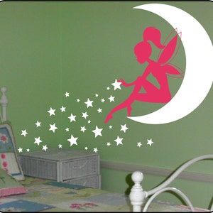 FAIRY Wall Decal, Fairy Wall decor, Wall decal Fairy, Fairy Sitting on Moon, Girls room wall decor, Stardust, Tinkerbell Wall Decal image 4