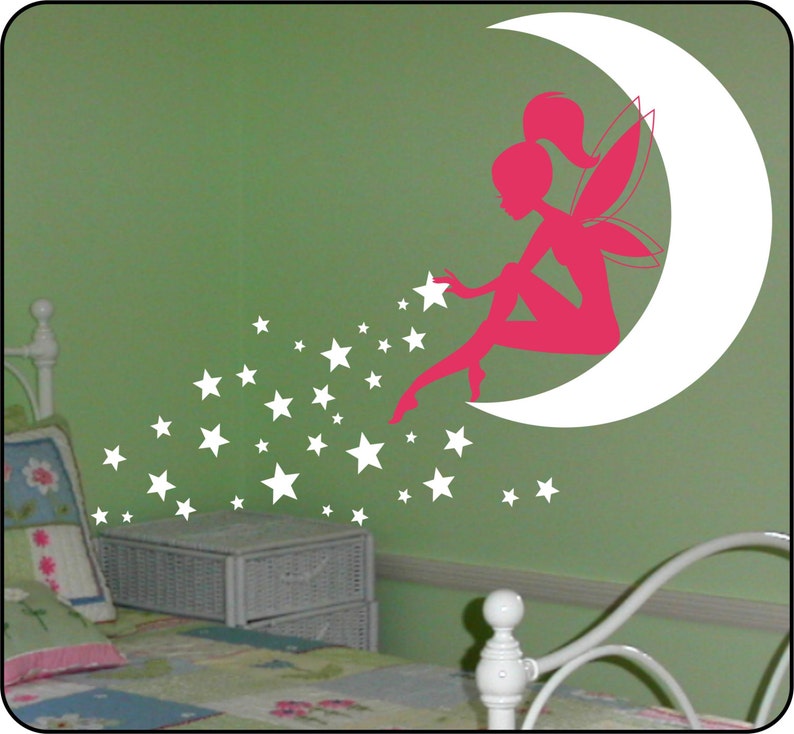 FAIRY Wall Decal, Fairy Wall decor, Wall decal Fairy, Fairy Sitting on Moon, Girls room wall decor, Stardust, Tinkerbell Wall Decal image 4