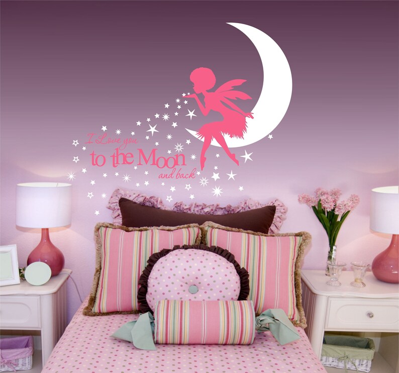 Afro Fairy Wall Art I Love You to the Moon Nursery Wall Art Fairy Afro Girl wall decal nursery decor fairies African Fairy wall decal