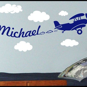 Personalized Boys Name Wall Decal, Airplane Boys Name Decal, Biplane wall Sticker, Nursery Decor Plane Wall Decal, Name Decal for Boys Room image 2