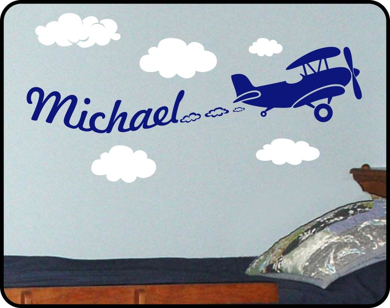 Personalized Boys Name Wall Decal, Airplane Boys Name Decal, Biplane wall Sticker, Nursery Decor Plane Wall Decal, Name Decal for Boys Room image 2