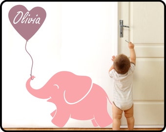 Baby Elephant Wall Decal with Personalized Girls Name - Baby Elephant nursery art, 42" x 50" tall