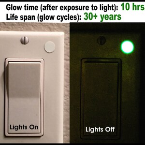 May include: Two white light switch plates, one with the words "Lights On" and the other with the words "Lights Off". The switch plate labeled "Lights Off" glows green in the dark.