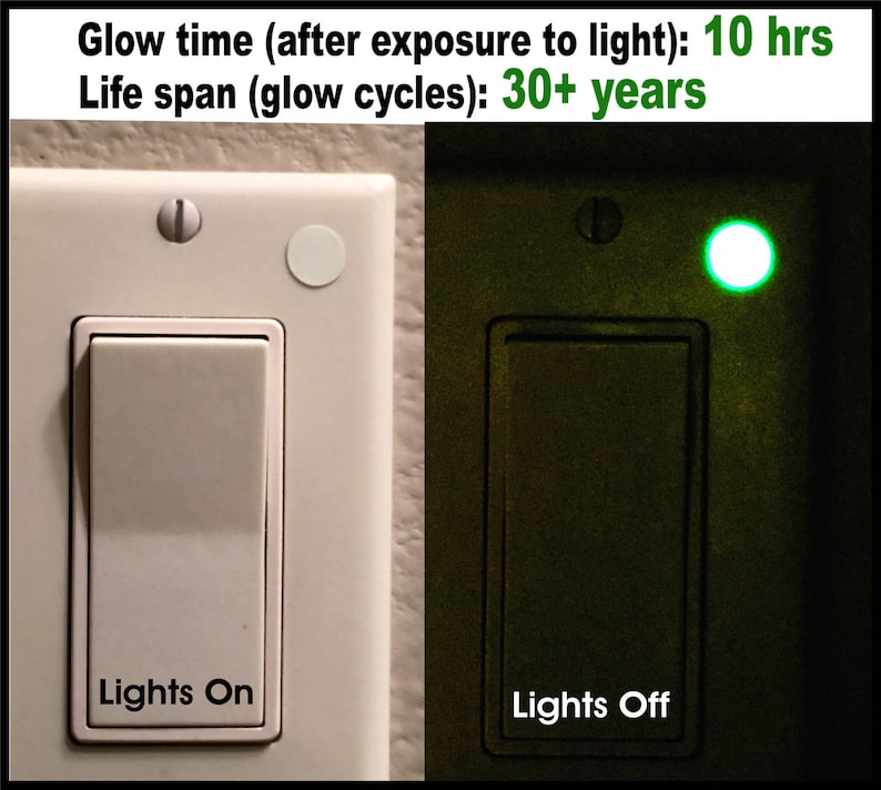 May include: Two white light switch plates, one with the words "Lights On" and the other with the words "Lights Off". The switch plate labeled "Lights Off" glows green in the dark.