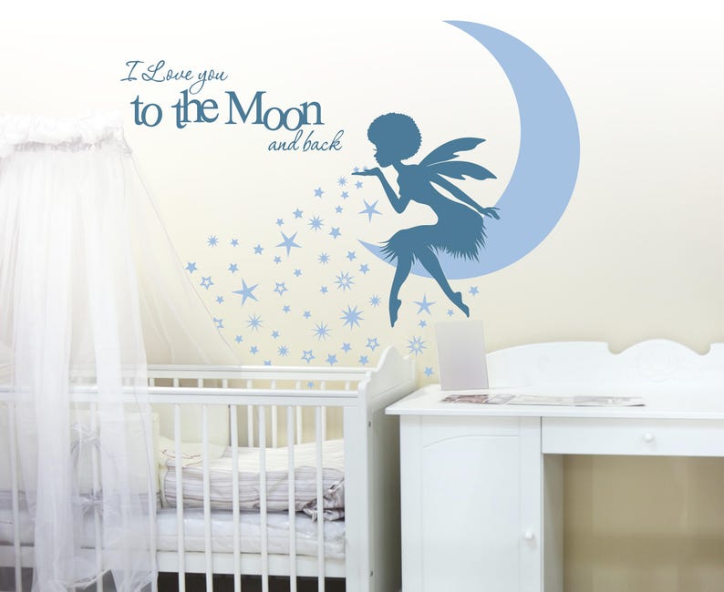 Afro Fairy Wall Art I Love You to the Moon Nursery Wall Art Fairy Afro Girl wall decal nursery decor fairies African Fairy wall decal