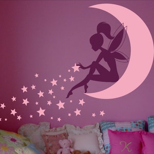 FAIRY Wall Decal, Fairy Wall decor, Wall decal Fairy, Fairy Sitting on Moon, Girls room wall decor, Stardust, Tinkerbell Wall Decal image 2