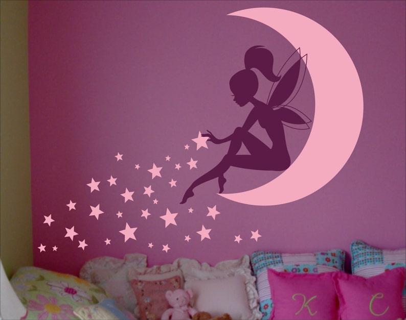 FAIRY Wall Decal, Fairy Wall decor, Wall decal Fairy, Fairy Sitting on Moon, Girls room wall decor, Stardust, Tinkerbell Wall Decal image 2