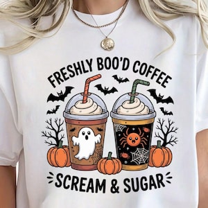 Funny Halloween Coffee PNG, Freshly Boo’d Scream and Sugar Design, Ghost & Spider Cup Clipart, Spooky Coffee Lover Sublimation File