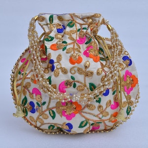 handmade Traditional Silk Potli Handbag for Women, Embroidered Design, Indian Style