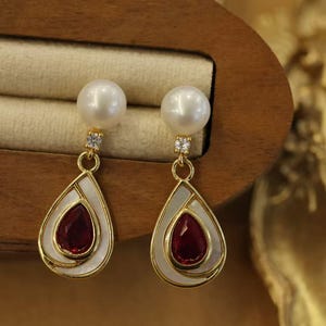 14K Gold Filled Pearl Teardrop Earrings – Freshwater Pearl and Red Gem Drop Earrings for Holiday or Anniversary Gift