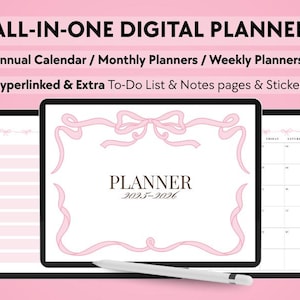 Coquette Digitaler Planer 2025-2026 | Verlinkter Pink Bow iPad Planer für GoodNotes | Wochen-, Monats- & Jahreskalender