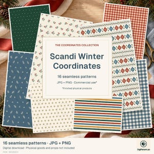 Puede incluir: Una colección de 16 patrones digitales sin costuras titulada Scandi Winter Coordinates. Los diseños incluyen cuadros vichy rojos y blancos, verde oscuro con puntos blancos, azul con ramitas blancas y motivos geométricos de diamantes.