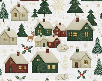 Papel digital de invierno nórdico: Diseño de cabaña y bosque escandinavos (PNG, 30 x 30 cm, 300 DPI)