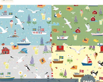 Papel digital de verano nórdico: Estampado floral y náutico escandinavo (PNG, 30 x 30 cm, 300 DPI)