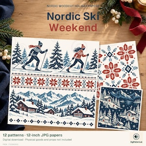 May include: Digital paper set titled Nordic Ski Weekend featuring woodcut-style illustrations of skiers, snowy mountain landscapes with cabins, and geometric snowflake patterns in red, navy blue, and white on a cream background.