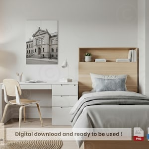 May include: A modern bedroom interior with a white desk, chair, and bed. A black and white framed print of a building hangs above the desk. A floor lamp and a small desk lamp provide lighting. The text "Digital download and ready to be used!" is visible.