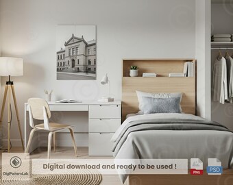 Maqueta de dormitorio escandinavo: Marco para decoración de pared y póster (descarga digital PNG y PSD)