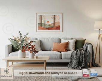 Maqueta de sala de estar escandinava de otoño: Marco de arte mural (descarga digital PNG/PSD)