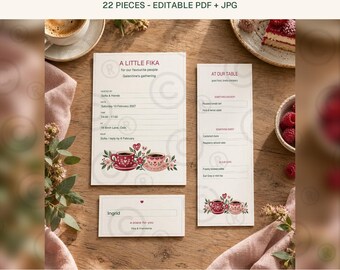 Materiale stampabile per la festa Fika di San Valentino tra amiche: invito modificabile, menù, segnaposto, spunti di conversazione e etichette per bomboniere.