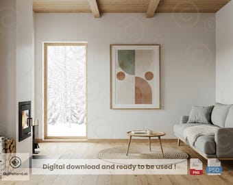 Maqueta de sala de estar escandinava: Marco de arte mural, interior moderno (descarga digital PNG/PSD)