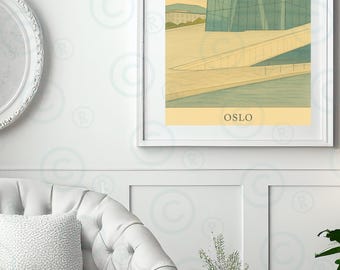 Impresión de Oslo, Noruega: Paisaje minimalista escandinavo en acuarela (descarga digital)