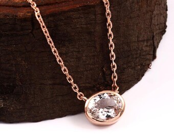 Naturlig Morganithänge - Ovalslipad Morganit - November Födelsestenhänge - 925 Sterling Silver - Morganithalsband - Roseguld Morganithänge