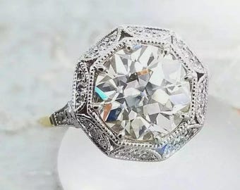 Art Deco Moissanite Flower Ring: 14K Yellow Gold Floral Statement