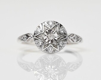 Art Deco Moissanite Engagement Ring: Vintage Halo, Sterling Silver