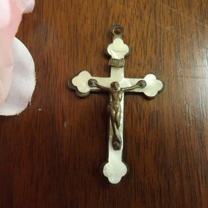 Delightful Antique Brass and Mother of Perl crucifix pendant. Christianity. Religion. 2&quot;x 1 1/8&quot;.  Gift idea.